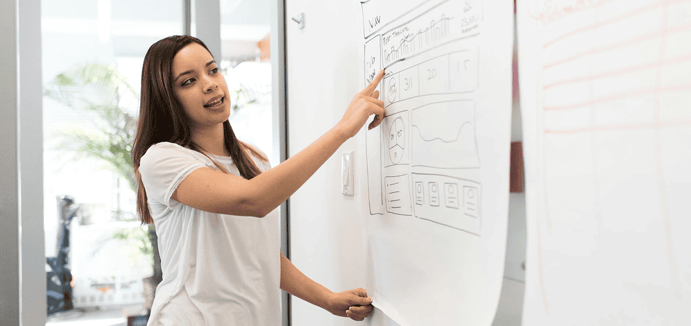 A woman stands and points to a large whiteboard with diagrams and notes, appearing to explain or present information in an office setting.